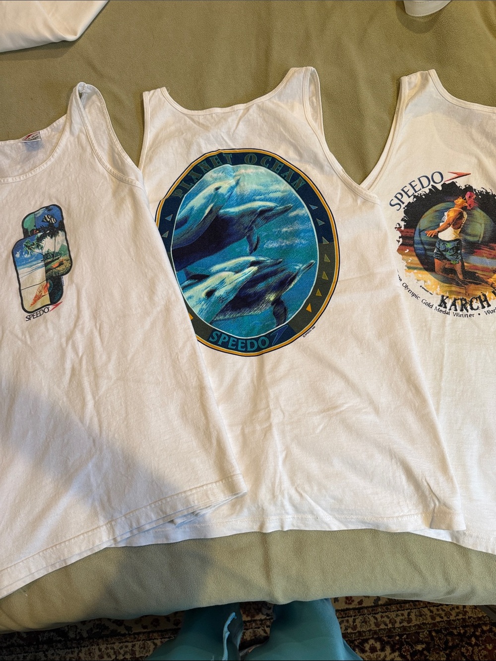 Speedo White Tank Tops with Blue and Green Beach Graphics, price for all three